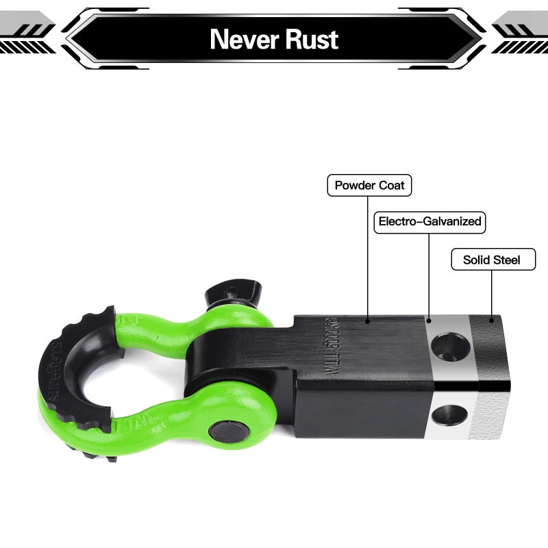 AUTOBOTS Shackle Hitch Receiver 2", 45,000 Lbs Break Strength Heavy Duty Receiver with 5/8" Screw Pin, 3/4" D Ring Shackles, Towing Accessories for Vehicle Recovery Off-Road, Green&Black - Image 4